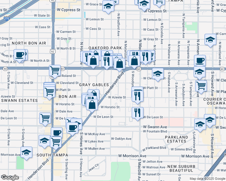map of restaurants, bars, coffee shops, grocery stores, and more near 208 South Lincoln Avenue in Tampa