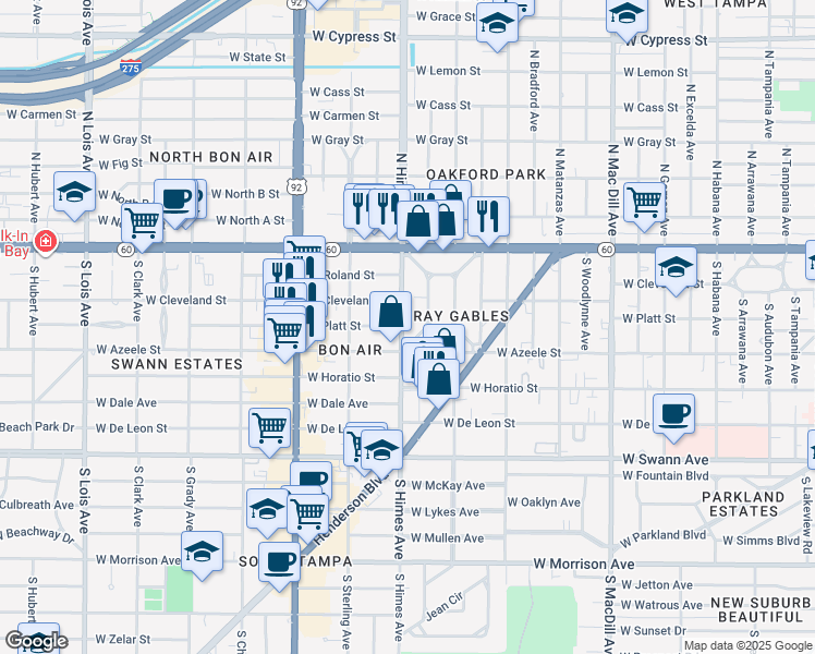 map of restaurants, bars, coffee shops, grocery stores, and more near 212 South Himes Avenue in Tampa