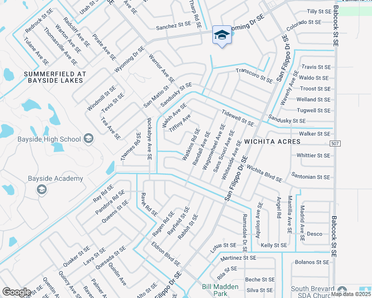 map of restaurants, bars, coffee shops, grocery stores, and more near 2138 Watkins Road Southeast in Palm Bay