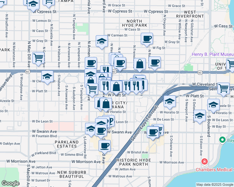 map of restaurants, bars, coffee shops, grocery stores, and more near 2013 West Platt Street in Tampa
