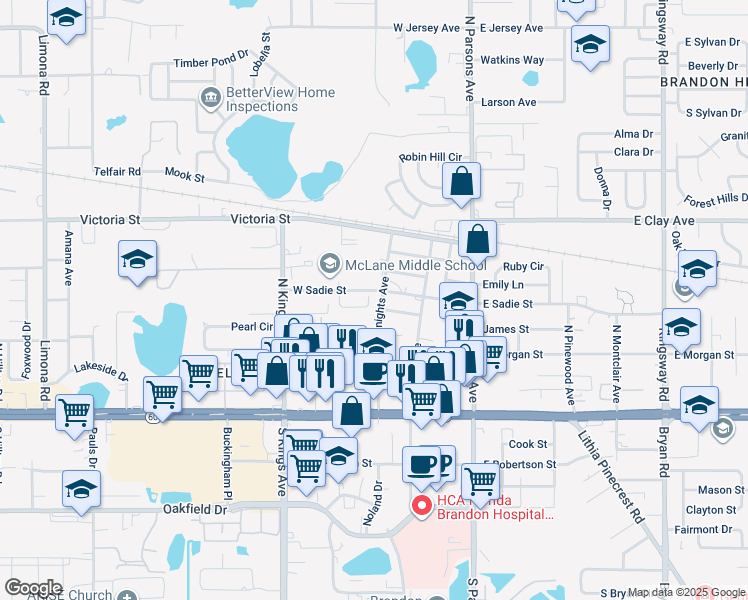 map of restaurants, bars, coffee shops, grocery stores, and more near 403 Big Cedar Way in Brandon