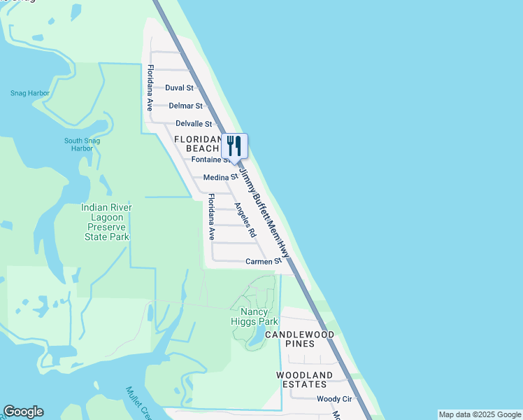 map of restaurants, bars, coffee shops, grocery stores, and more near 6790 Florida A1A in Melbourne Beach