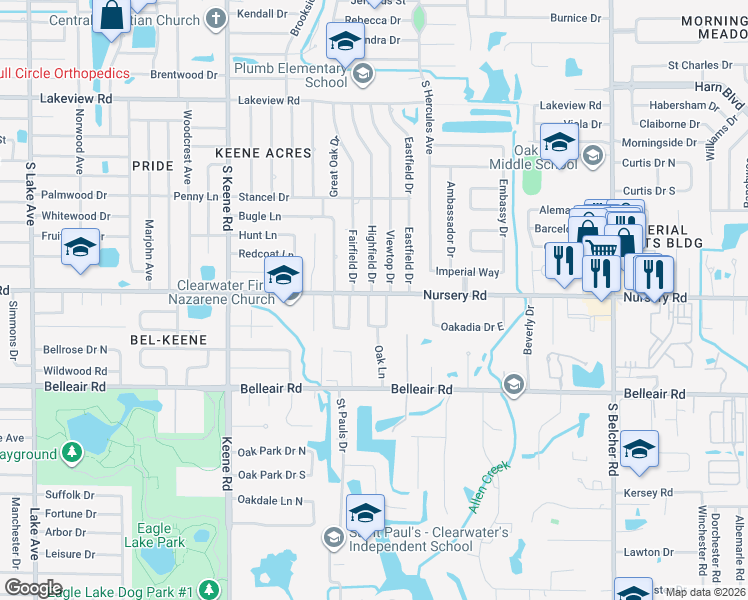 map of restaurants, bars, coffee shops, grocery stores, and more near 1501 Price Circle in Clearwater