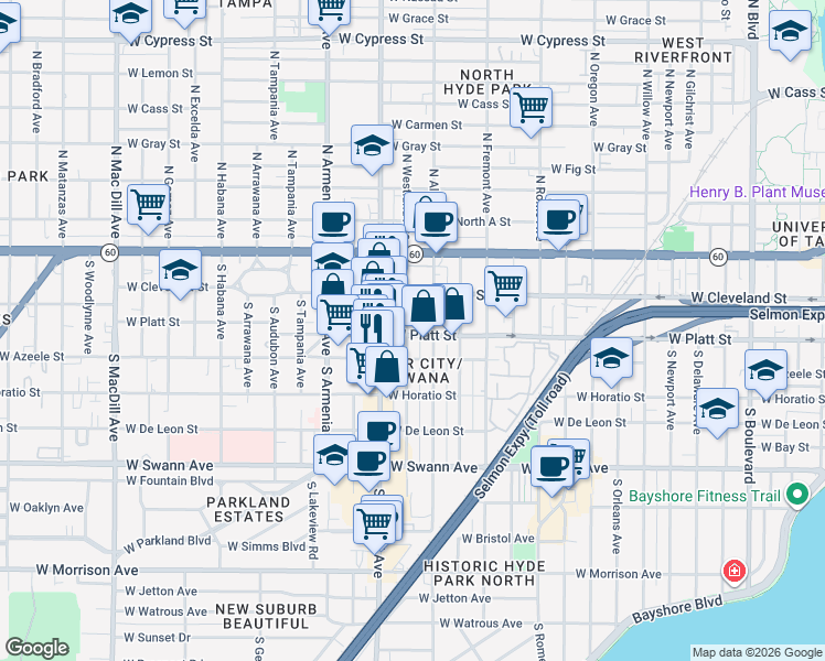 map of restaurants, bars, coffee shops, grocery stores, and more near 2107 West Platt Street in Tampa