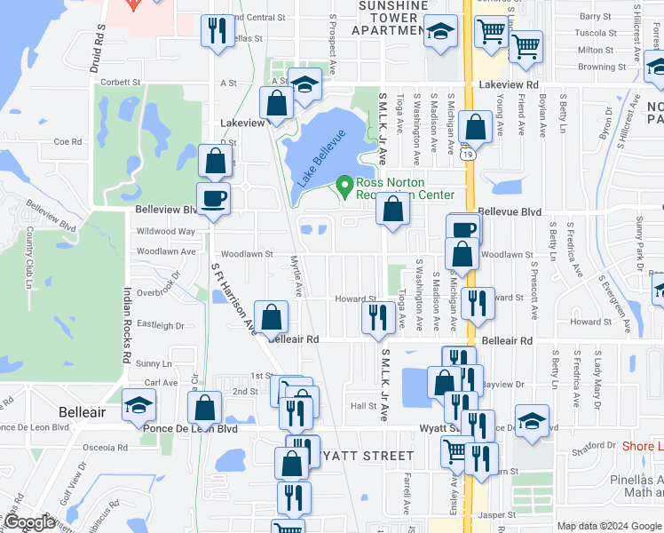map of restaurants, bars, coffee shops, grocery stores, and more near 1515 Scranton Avenue in Clearwater
