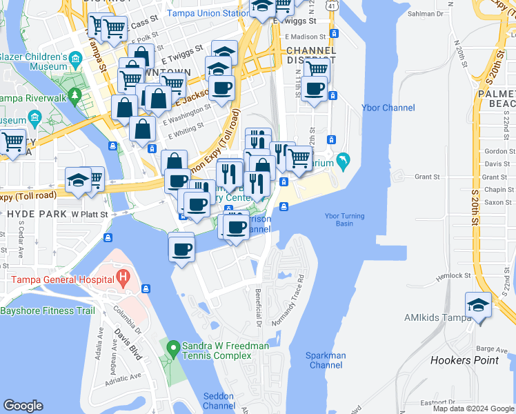 map of restaurants, bars, coffee shops, grocery stores, and more near 801 Old Water Street in Tampa