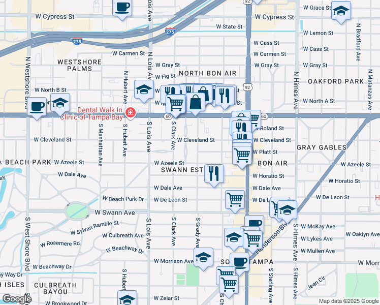 map of restaurants, bars, coffee shops, grocery stores, and more near 210 South Hale Avenue in Tampa