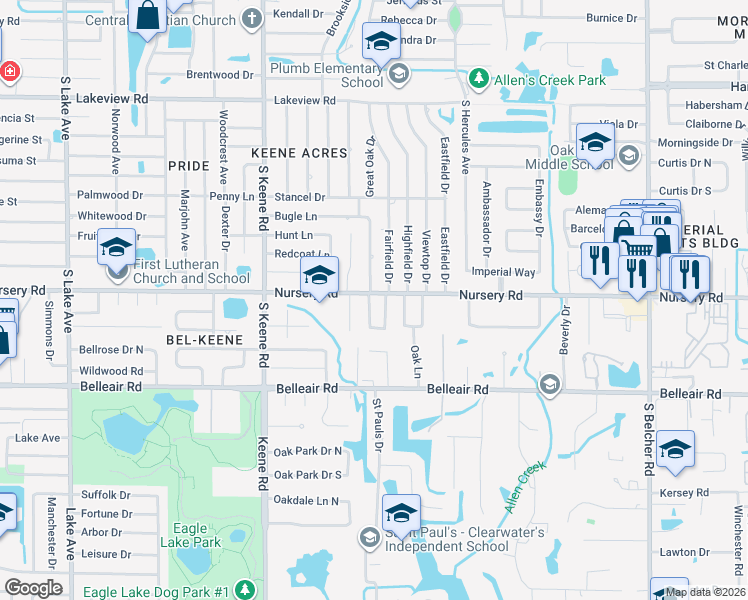 map of restaurants, bars, coffee shops, grocery stores, and more near 1501 Winding Way West in Clearwater