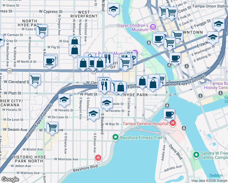 map of restaurants, bars, coffee shops, grocery stores, and more near 213 South Brevard Avenue in Tampa