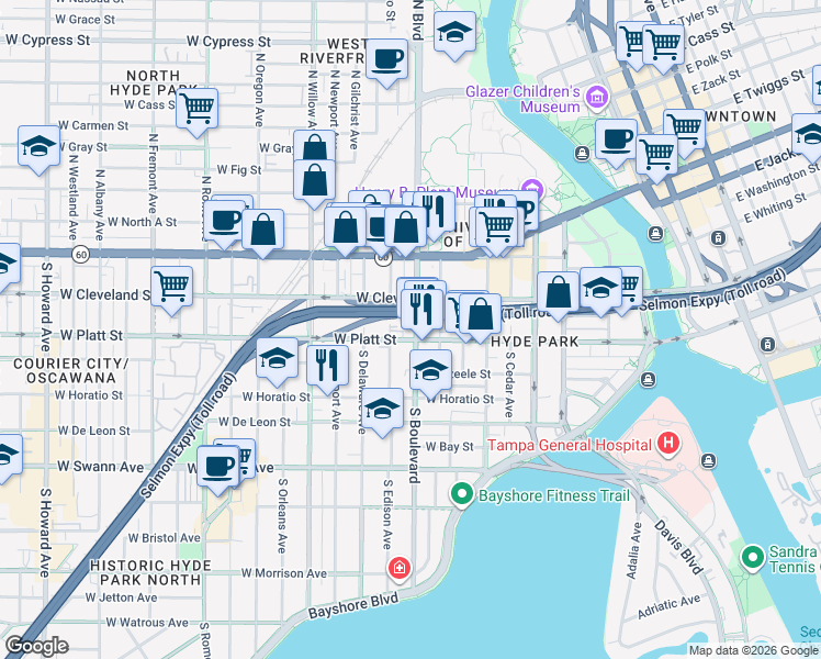 map of restaurants, bars, coffee shops, grocery stores, and more near 224 South Boulevard in Tampa