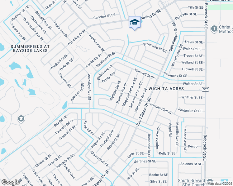 map of restaurants, bars, coffee shops, grocery stores, and more near 2138 Watkins Road Southeast in Palm Bay