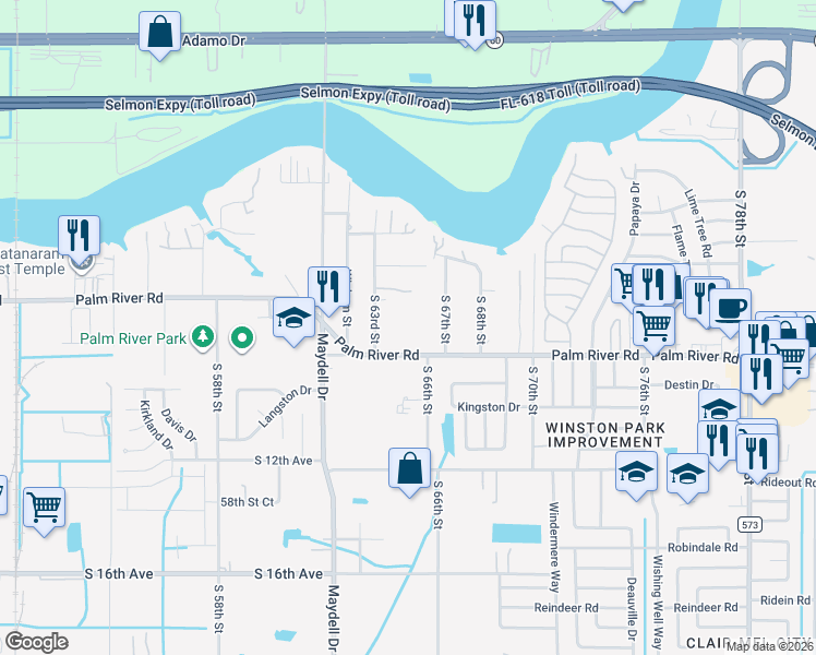map of restaurants, bars, coffee shops, grocery stores, and more near 625 South 67th Street in Tampa