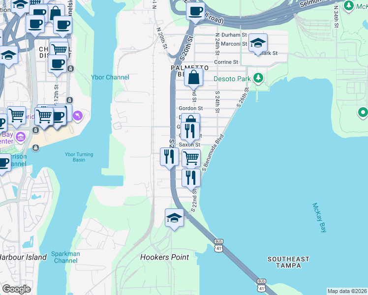 map of restaurants, bars, coffee shops, grocery stores, and more near 2013 Saxon Street in Tampa