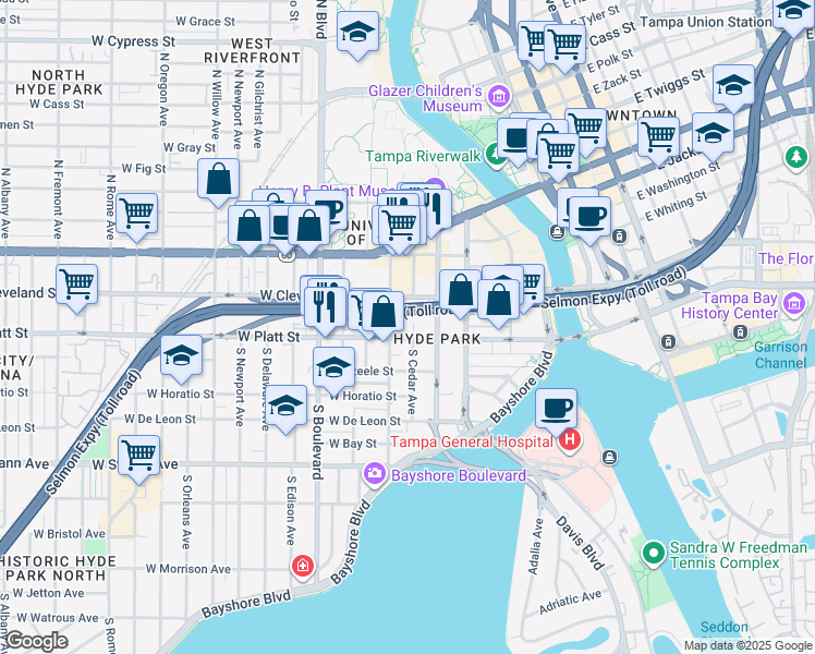 map of restaurants, bars, coffee shops, grocery stores, and more near 212 South Magnolia Avenue in Tampa