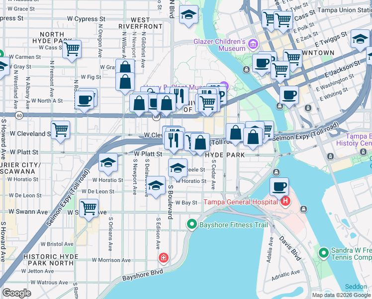map of restaurants, bars, coffee shops, grocery stores, and more near 213 South Brevard Avenue in Tampa