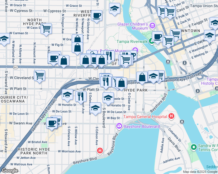 map of restaurants, bars, coffee shops, grocery stores, and more near 224 South Boulevard in Tampa