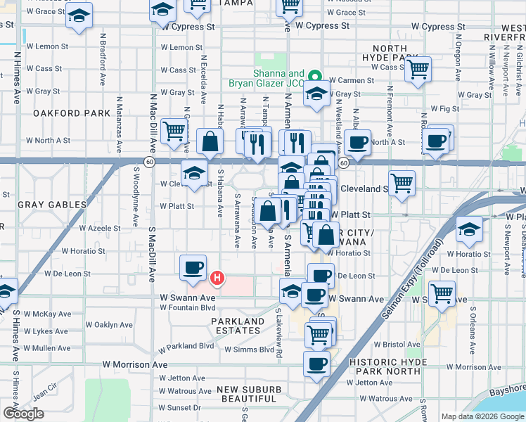 map of restaurants, bars, coffee shops, grocery stores, and more near 2561 West Platt Street in Tampa