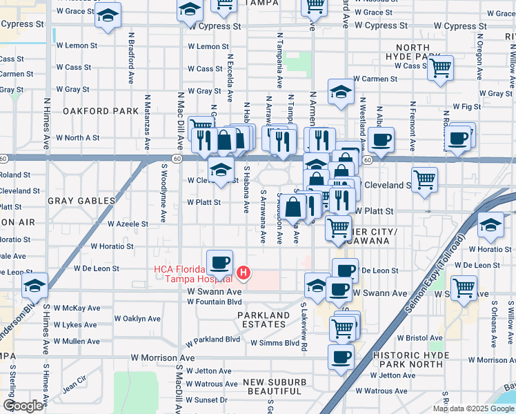 map of restaurants, bars, coffee shops, grocery stores, and more near 304 South Arrawana Avenue in Tampa