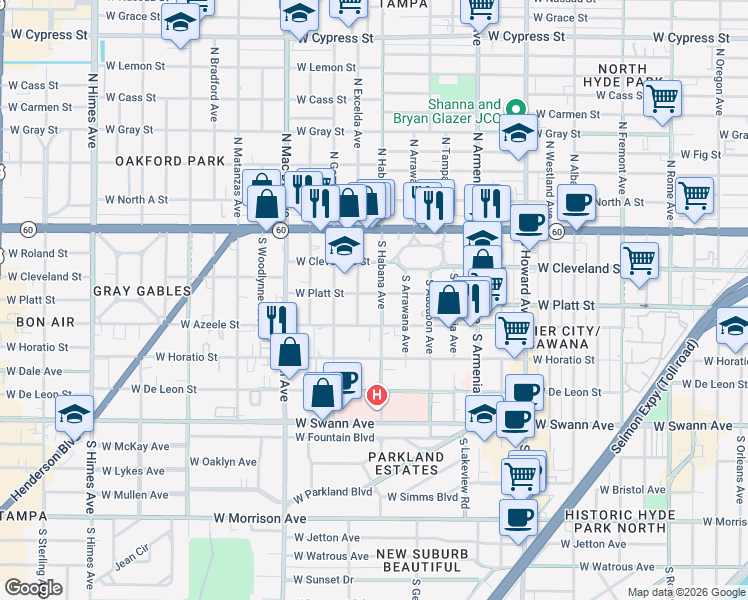 map of restaurants, bars, coffee shops, grocery stores, and more near 303 South Habana Avenue in Tampa