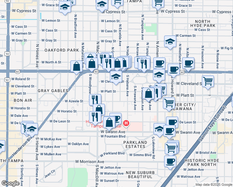 map of restaurants, bars, coffee shops, grocery stores, and more near 306 South Gomez Avenue in Tampa