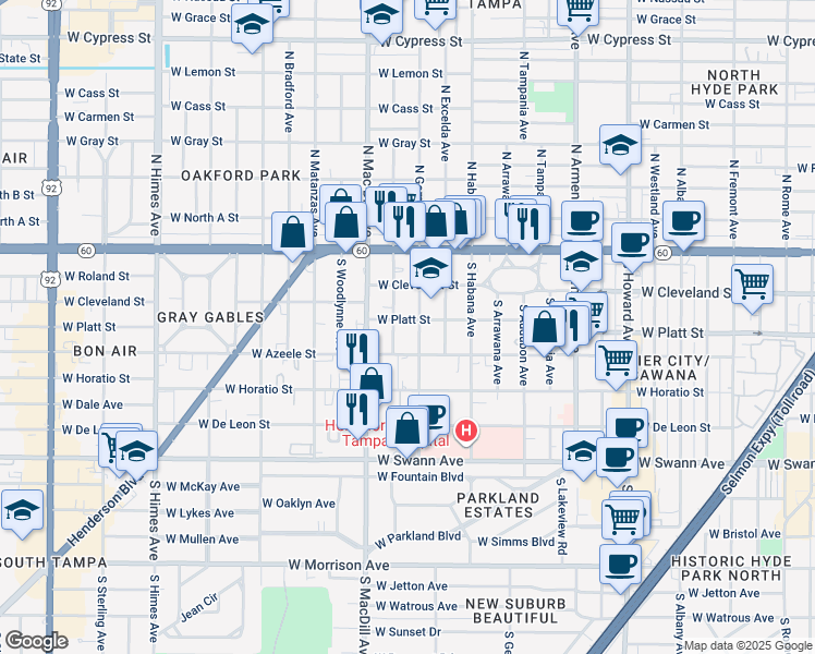 map of restaurants, bars, coffee shops, grocery stores, and more near 306 South Gomez Avenue in Tampa
