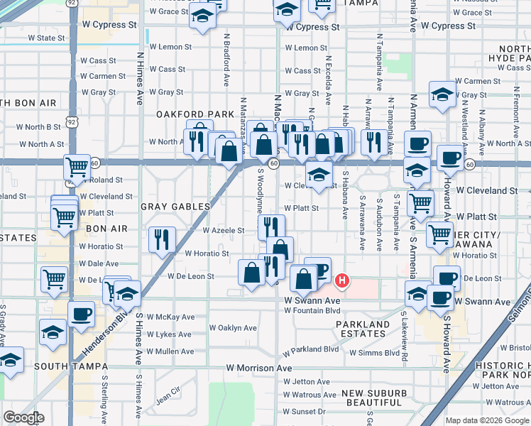 map of restaurants, bars, coffee shops, grocery stores, and more near 3099 West Platt Street in Tampa