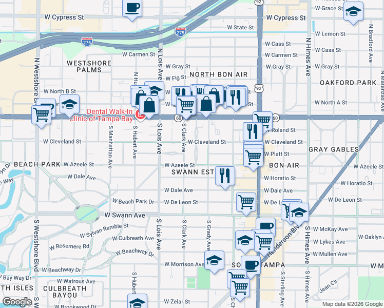 map of restaurants, bars, coffee shops, grocery stores, and more near 215 South Clark Avenue in Tampa