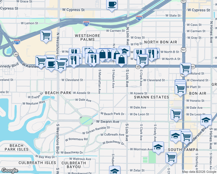 map of restaurants, bars, coffee shops, grocery stores, and more near 209 South Hubert Avenue in Tampa