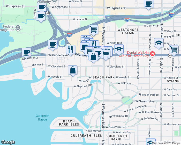 map of restaurants, bars, coffee shops, grocery stores, and more near 216 South Gardenia Avenue in Tampa