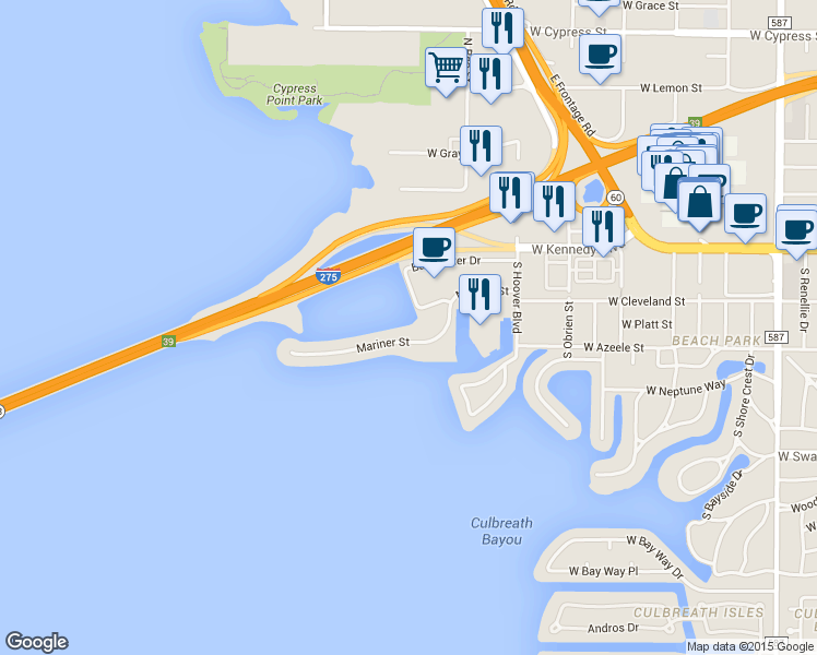 map of restaurants, bars, coffee shops, grocery stores, and more near 5801 Mariner Street in Tampa