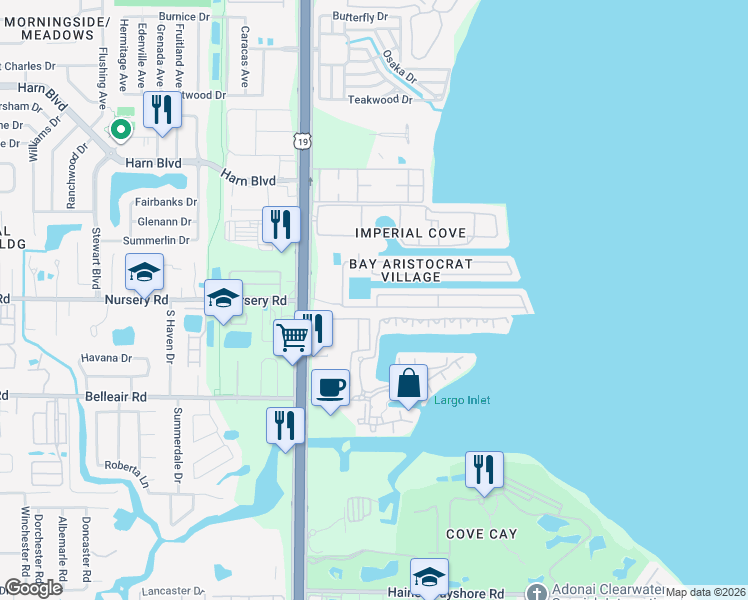 map of restaurants, bars, coffee shops, grocery stores, and more near 484 Bay Aristocrat Village in Clearwater