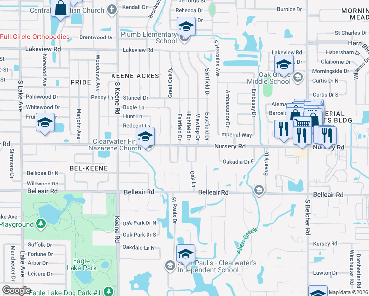 map of restaurants, bars, coffee shops, grocery stores, and more near 1501 Price Circle in Clearwater