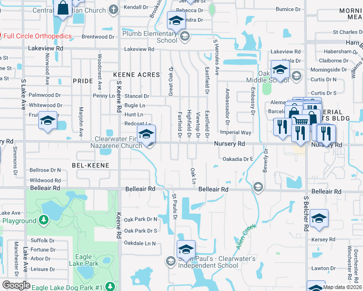 map of restaurants, bars, coffee shops, grocery stores, and more near 1501 Price Circle in Clearwater