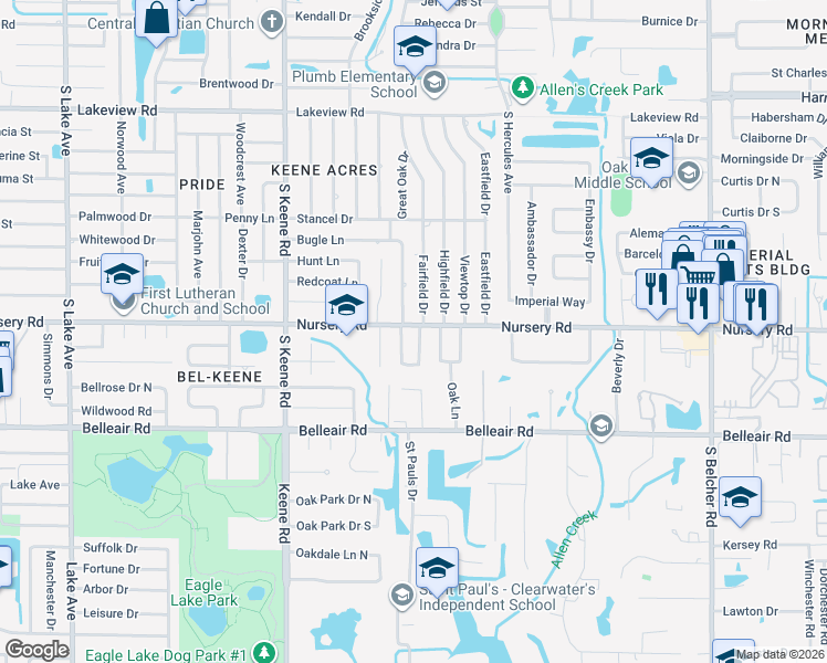 map of restaurants, bars, coffee shops, grocery stores, and more near 1501 Winding Way West in Clearwater