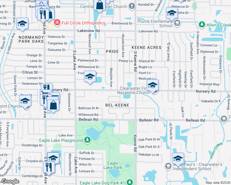 map of restaurants, bars, coffee shops, grocery stores, and more near 1719 Nursery Road in Clearwater