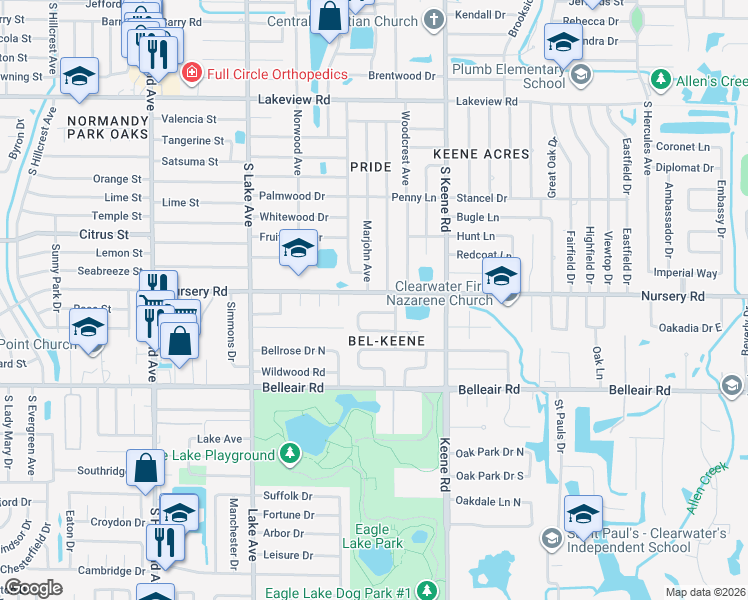 map of restaurants, bars, coffee shops, grocery stores, and more near 1719 Nursery Road in Clearwater