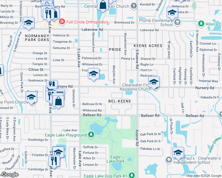 map of restaurants, bars, coffee shops, grocery stores, and more near 1507 Laurel Drive in Clearwater