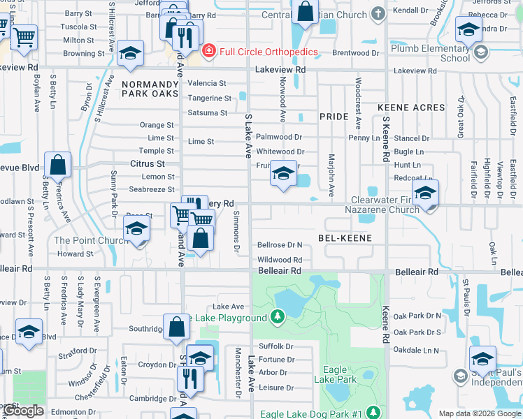 map of restaurants, bars, coffee shops, grocery stores, and more near 1528 Lake Way in Clearwater