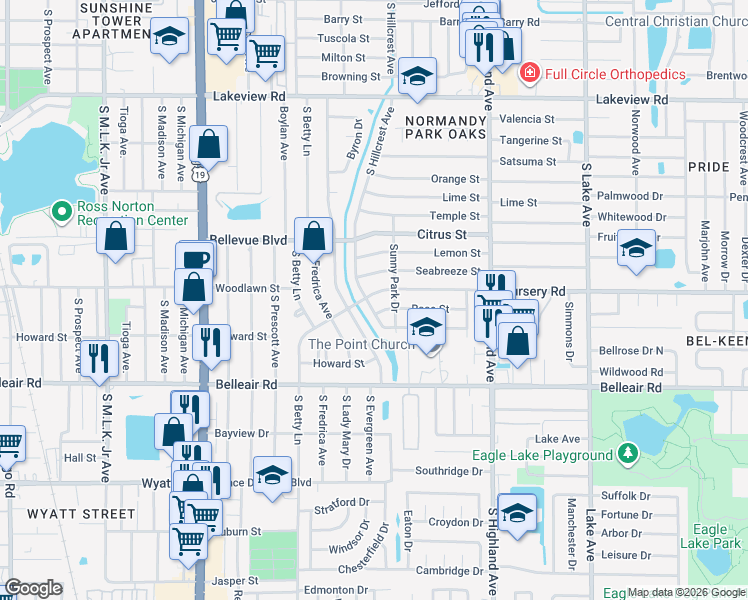 map of restaurants, bars, coffee shops, grocery stores, and more near 1500 South Hillcrest Avenue in Clearwater
