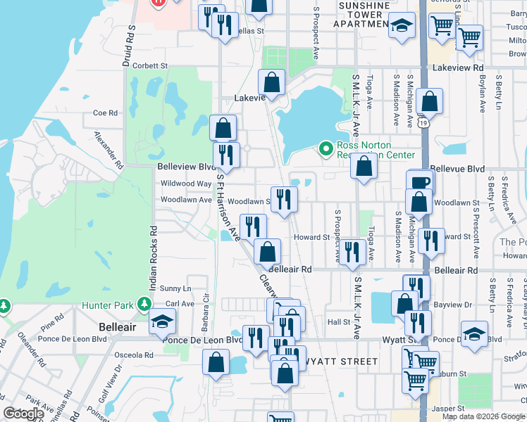 map of restaurants, bars, coffee shops, grocery stores, and more near 1517 Carmel Avenue in Clearwater