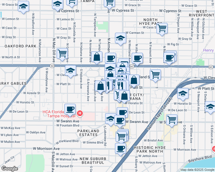 map of restaurants, bars, coffee shops, grocery stores, and more near 227 South Armenia Avenue in Tampa