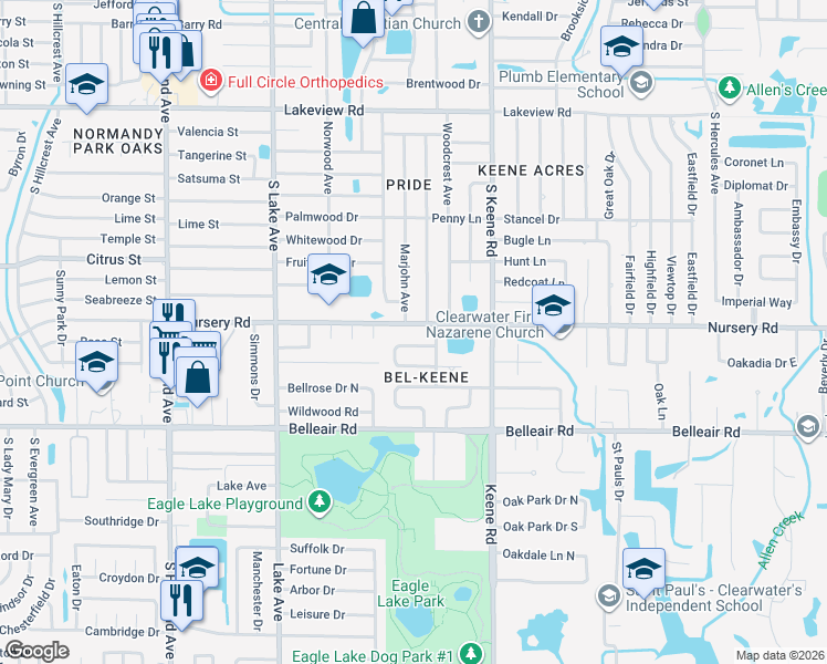 map of restaurants, bars, coffee shops, grocery stores, and more near 1719 Nursery Road in Clearwater