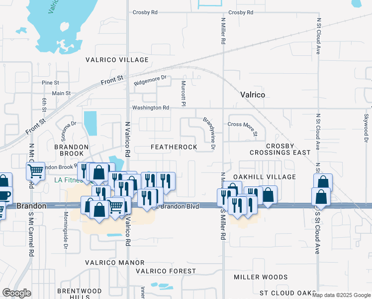 map of restaurants, bars, coffee shops, grocery stores, and more near 2303 Silver Hill Court in Valrico