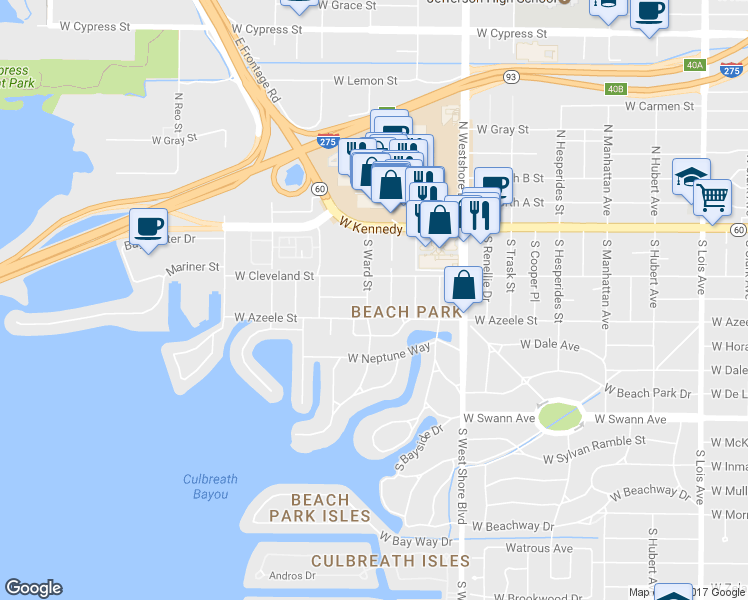 map of restaurants, bars, coffee shops, grocery stores, and more near 210 South Ward Street in Tampa