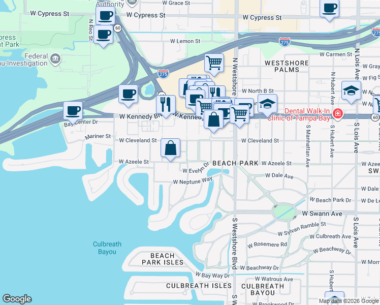 map of restaurants, bars, coffee shops, grocery stores, and more near 210 South Ward Street in Tampa