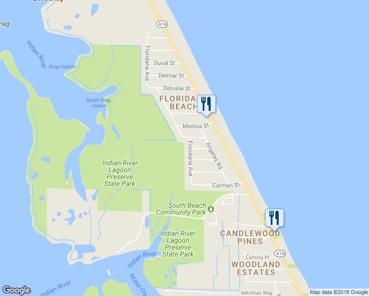 map of restaurants, bars, coffee shops, grocery stores, and more near 7020 Floridana Avenue in Melbourne Beach