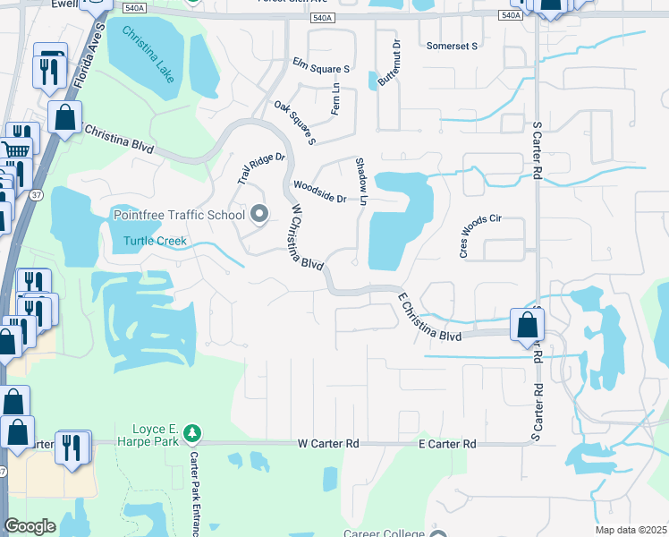 map of restaurants, bars, coffee shops, grocery stores, and more near 103 West Christina Boulevard in Lakeland