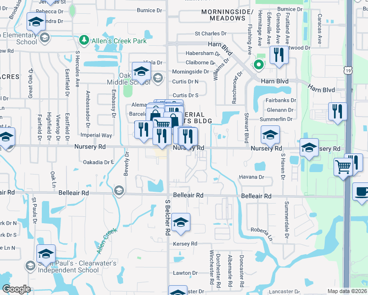 map of restaurants, bars, coffee shops, grocery stores, and more near 2241 Nursery Road in Clearwater