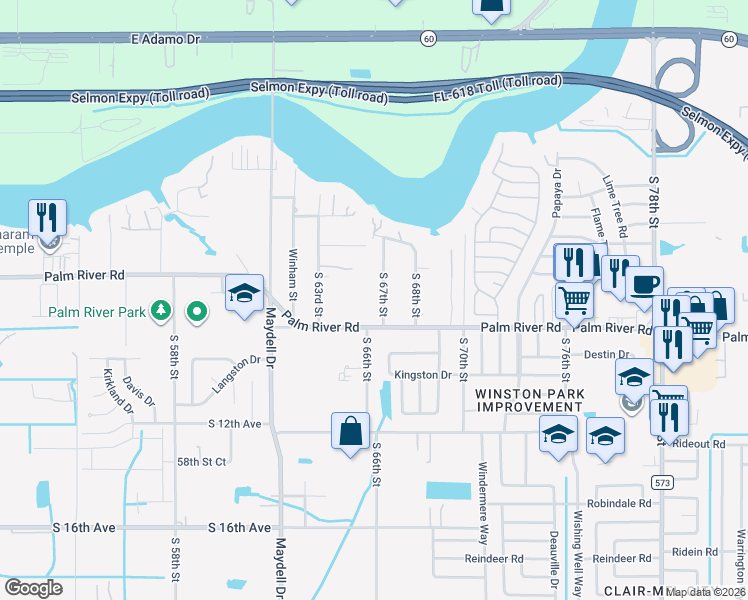 map of restaurants, bars, coffee shops, grocery stores, and more near 625 South 67th Street in Tampa