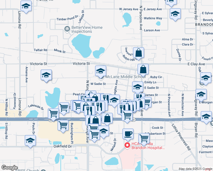 map of restaurants, bars, coffee shops, grocery stores, and more near 418 Big Cedar Way in Brandon